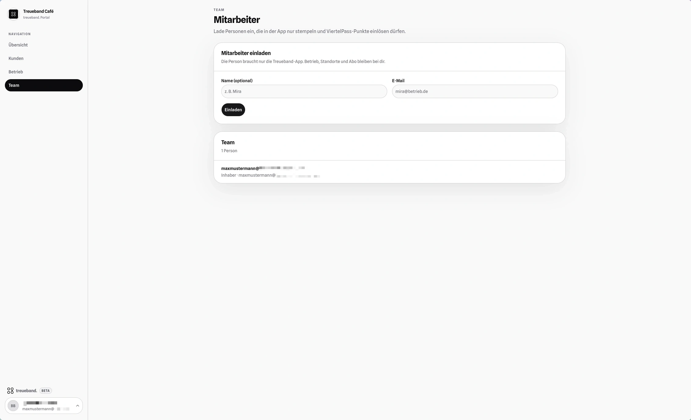 treueband. Portal mit der Team-Seite zum Einladen von Mitarbeitern