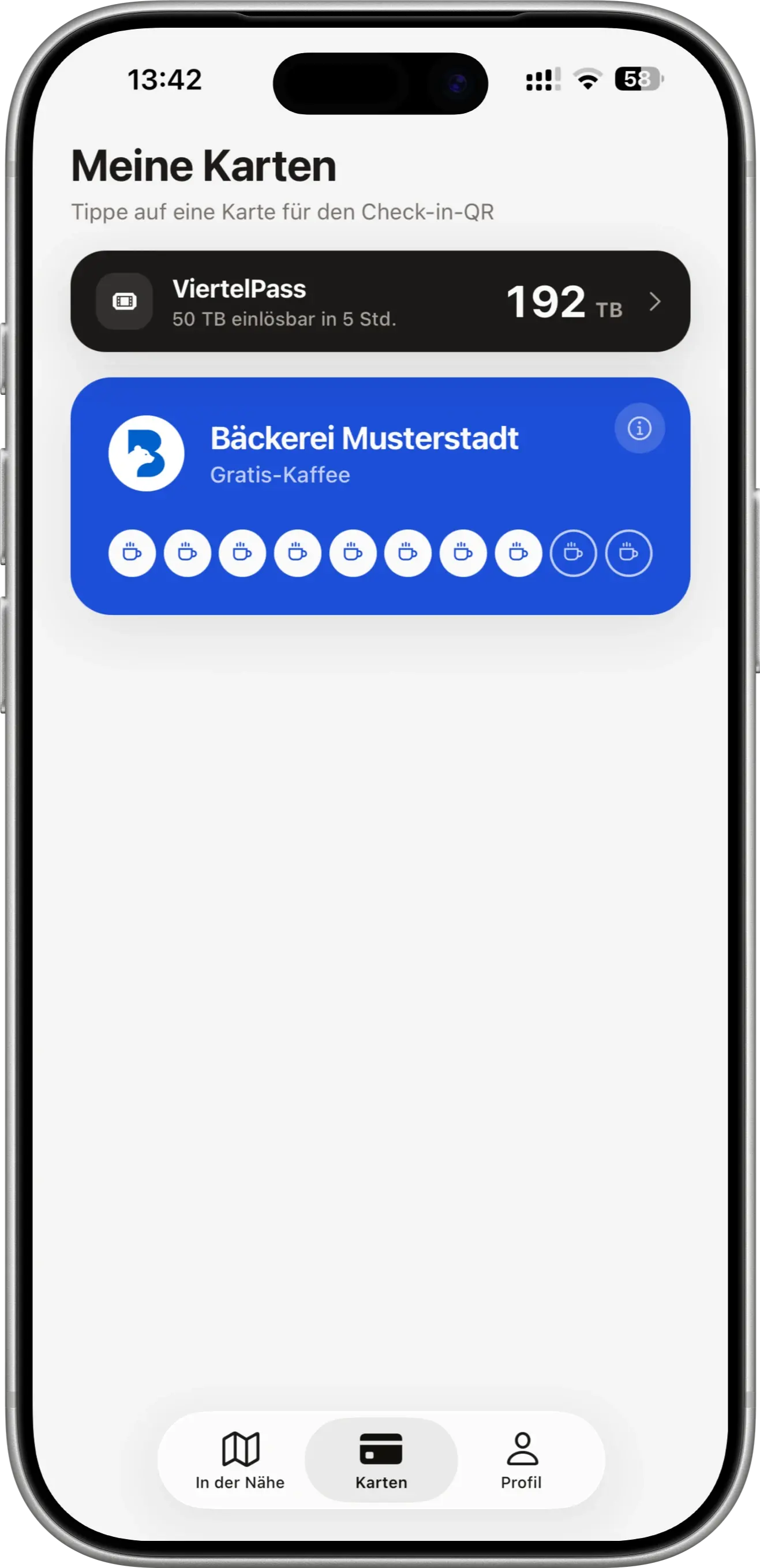 treueband. App mit einer Übersicht digitaler Stempelkarten
