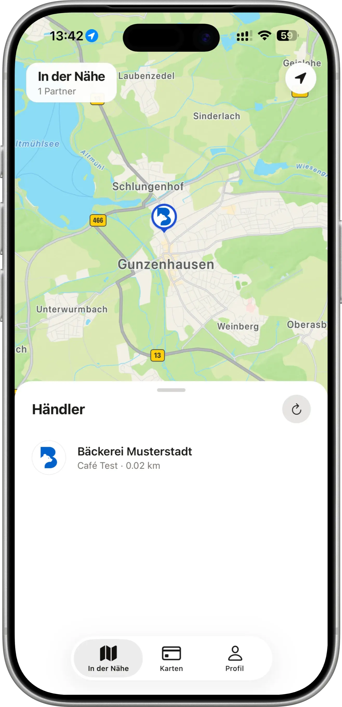 treueband. App mit teilnehmenden Geschäften auf einer Karte