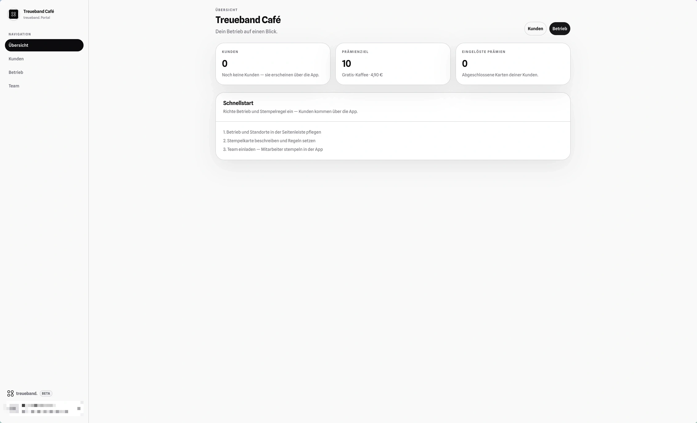 treueband. Portal mit der Übersicht aus Kundenzahl, Prämienziel und eingelösten Prämien